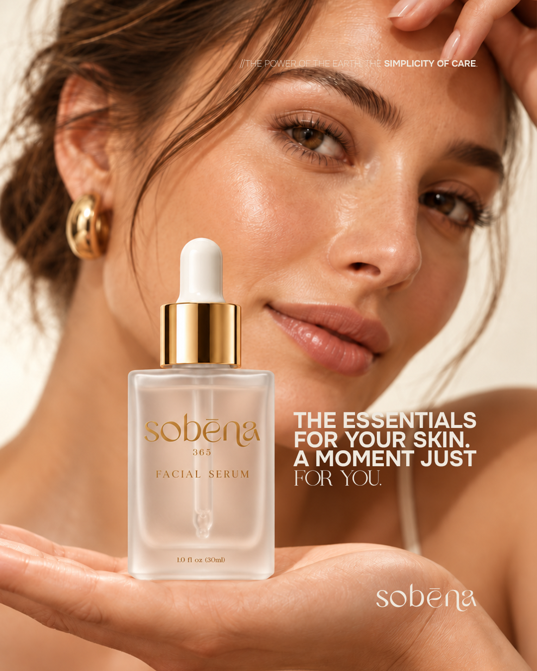 Woman holding the Sobēna Serum 365 bottle during her skincare ritual